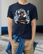 Meditating Warrior Tiger T-Shirt Zen Spirit Animal Art Tee - model wearing navy tee with hands in pockets