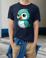 Cute Blue Bird T-Shirt Adorable Cartoon Bird Graphic Tee - model wearing navy tee with hands in pockets
