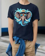 Cool Elephant Sunglasses T-Shirt Funny Elephant Graphic Tee - model wearing navy tee with hands in pockets