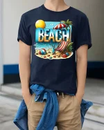Beach Vacation T-Shirt Summer Beach Scene Graphic Tee - model wearing navy tee with hands in pockets