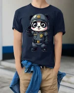 Cute Panda Police T-Shirt Kawaii Cop Panda Graphic Tee - model wearing navy tee with hands in pockets