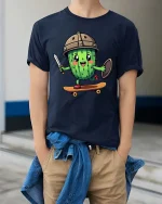 Funny Cactus Viking T-Shirt Cute Cactus Warrior Graphic - model wearing navy tee with hands in pockets