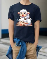 Cute Lamb Cartoon T-Shirt Adorable Sheep Graphic Tee Gift - model wearing navy tee with hands in pockets