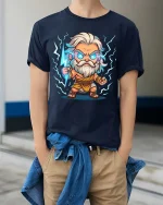 Cute Zeus Lightning T-Shirt Greek God Cartoon Thunder Tee - model wearing navy tee with hands in pockets