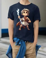 Cute Zeus Cartoon T-Shirt Greek Mythology Lightning Tee - model wearing navy tee with hands in pockets
