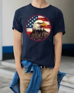 American Eagle Flag T-Shirt Patriotic USA Eagle Graphic - model wearing navy tee with hands in pockets