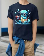 Cute Turtle Water Gun T-Shirt Funny Turtle Cartoon Tee - model wearing navy tee with hands in pockets