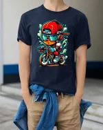 Cool Kid Biker T-Shirt Street Style Cartoon Bike Rider Tee - model wearing navy tee with hands in pockets