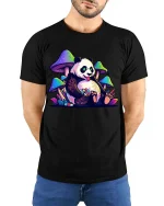 Trippy Panda Mushroom T-Shirt Psychedelic Animal Graphic Tee - model wearing black tee with hands behind back