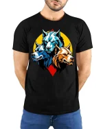 Three Wolf Head T-Shirt Fierce Wolf Pack Graphic Animal Tee - model wearing black tee with hands behind back