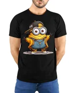 Cool Cartoon Minion Style T-Shirt Funny Yellow Character Tee - model wearing black tee with hands behind back