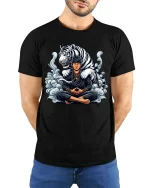 Meditating Warrior Tiger T-Shirt Zen Spirit Animal Art Tee - model wearing black tee with hands behind back