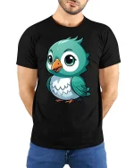 Cute Blue Bird T-Shirt Adorable Cartoon Bird Graphic Tee - model wearing black tee with hands behind back