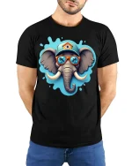 Cool Elephant Sunglasses T-Shirt Funny Elephant Graphic Tee - model wearing black tee with hands behind back