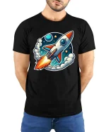 Retro Rocket T-Shirt Space Rocket Launch Cartoon Tee Gift - model wearing black tee with hands behind back
