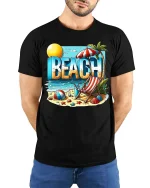 Beach Vacation T-Shirt Summer Beach Scene Graphic Tee - model wearing black tee with hands behind back