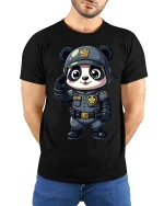 Cute Panda Police T-Shirt Kawaii Cop Panda Graphic Tee - model wearing black tee with hands behind back