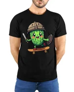 Funny Cactus Viking T-Shirt Cute Cactus Warrior Graphic - model wearing black tee with hands behind back