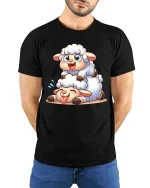 Cute Lamb Cartoon T-Shirt Adorable Sheep Graphic Tee Gift - model wearing black tee with hands behind back