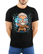 Cute Zeus Lightning T-Shirt Greek God Cartoon Thunder Tee - model wearing black tee with hands behind back