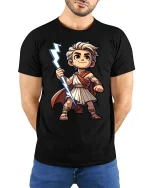 Cute Zeus Cartoon T-Shirt Greek Mythology Lightning Tee - model wearing black tee with hands behind back