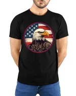 American Eagle Flag T-Shirt Patriotic USA Eagle Graphic - model wearing black tee with hands behind back