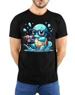 Cute Turtle Water Gun T-Shirt Funny Turtle Cartoon Tee - model wearing black tee with hands behind back