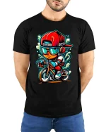 Cool Kid Biker T-Shirt Street Style Cartoon Bike Rider Tee - model wearing black tee with hands behind back