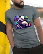 Trippy Panda Mushroom T-Shirt Psychedelic Animal Graphic Tee - model wearing grey tee, leaning on column