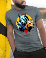 Three Wolf Head T-Shirt Fierce Wolf Pack Graphic Animal Tee - model wearing grey tee, leaning on column