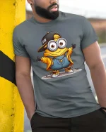 Cool Cartoon Minion Style T-Shirt Funny Yellow Character Tee - model wearing grey tee, leaning on column