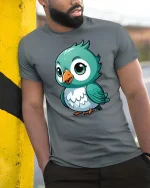 Cute Blue Bird T-Shirt Adorable Cartoon Bird Graphic Tee - model wearing grey tee, leaning on column