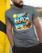 Beach Vacation T-Shirt Summer Beach Scene Graphic Tee - model wearing grey tee, leaning on column