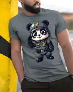 Cute Panda Police T-Shirt Kawaii Cop Panda Graphic Tee - model wearing grey tee, leaning on column