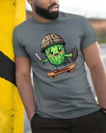 Funny Cactus Viking T-Shirt Cute Cactus Warrior Graphic - model wearing grey tee, leaning on column