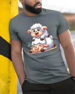 Cute Lamb Cartoon T-Shirt Adorable Sheep Graphic Tee Gift - model wearing grey tee, leaning on column