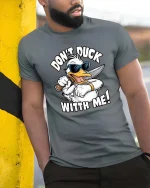 Don’t Duck With Me T-Shirt Funny Angry Duck Graphic Tee - model wearing grey tee, leaning on column