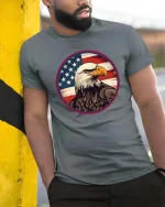 American Eagle Flag T-Shirt Patriotic USA Eagle Graphic - model wearing grey tee, leaning on column