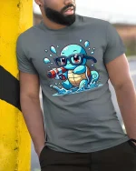 Cute Turtle Water Gun T-Shirt Funny Turtle Cartoon Tee - model wearing grey tee, leaning on column