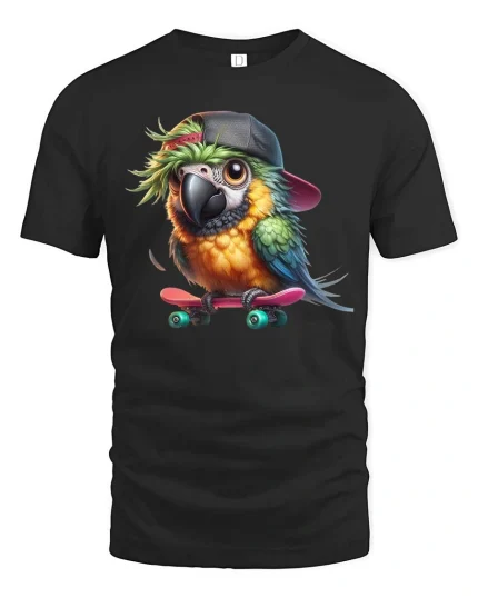 Cool Parrot Skateboard Graphic T-Shirt Cute Skater Bird Tee - black t-shirt on white background