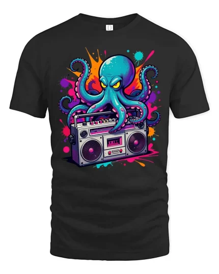Retro Octopus Boombox Graphic T-Shirt Cool Music Street Tee - black t-shirt on white background