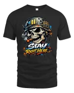 Stay Right Here Skull Soldier Graphic T-Shirt Military Style Tee - black t-shirt on white background