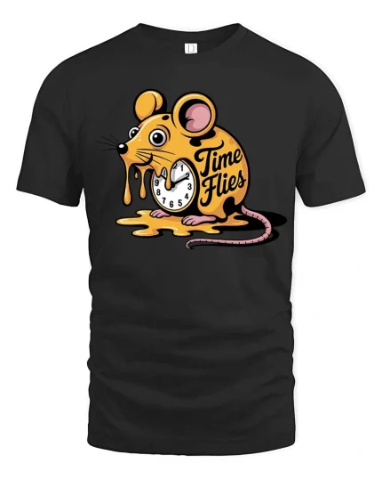 Time Flies Funny Mouse Graphic T-Shirt Cute Humor Cartoon Tee - black t-shirt on white background