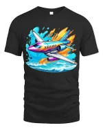 Colorful Jet Airplane Graphic T-Shirt Cool Aviation Travel Tee - black t-shirt on white background