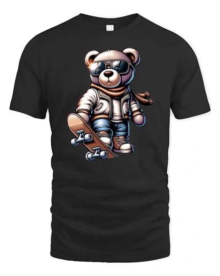 Cool Skateboard Bear Graphic T-Shirt Cute Skater Teddy Tee - black t-shirt on white background