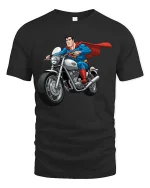 Superhero Biker Graphic T-Shirt Cool Comic Motorcycle Rider Tee - black t-shirt on white background