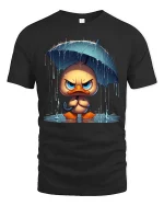 Grumpy Duck Under Umbrella Graphic T-Shirt Funny Rain Tee - black t-shirt on white background