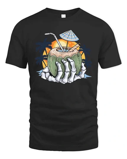 Skeleton Hand Coconut Drink Graphic T-Shirt Tropical Beach Tee - black t-shirt on white background