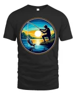 Fishing Sunset Graphic T-Shirt Angler Lake Outdoor Tee - black t-shirt on white background