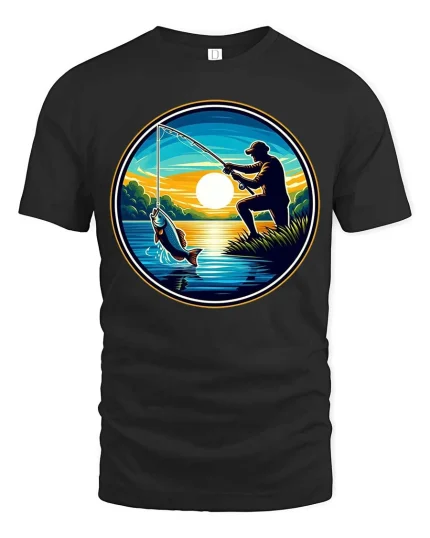 Fishing Sunset Graphic T-Shirt Angler Lake Outdoor Tee - black t-shirt on white background